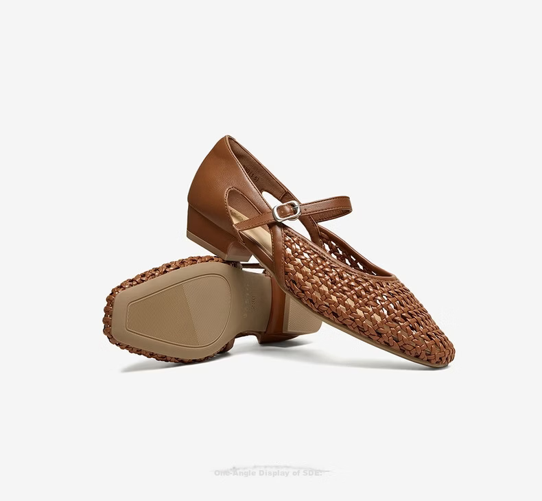 BASTO French Style Woven Hollow Breathable Ballet Mary Jane Sandals Women's Flats F5091BQ6 18