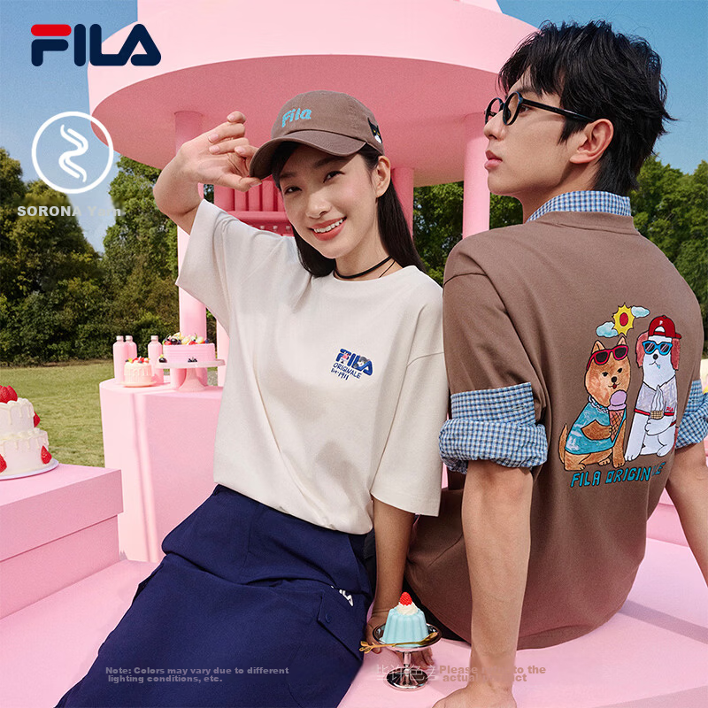 FILA Official Couple's Knitted Short Sleeve Shirt 2026 Summer Fashion Casual Unisex Loose Cat Embroidery T-Shirt