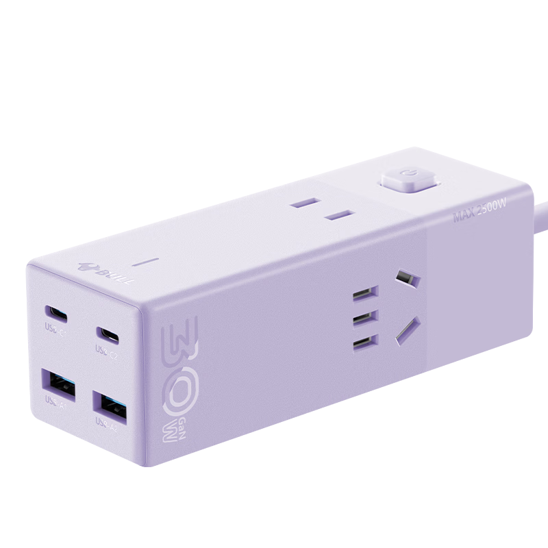 BULL GaN 30W Fast Charging Charger Socket/USB Power Strip Portable Power Board Small Electric Compartment Safe Fast Charge 2C2A+3 Outlets GNV-MC1303M Mist Purple Main Switch