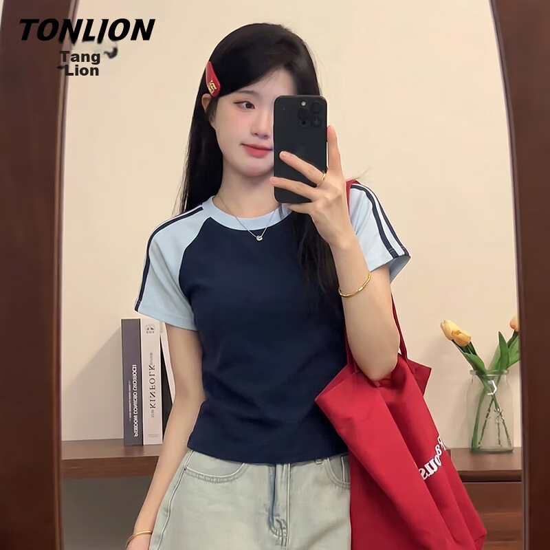 TonLion Colorblock Short Sleeve Women's Summer Raglan Patchwork Cropped Slim Fit T-Shirt New American Style Slimming Top