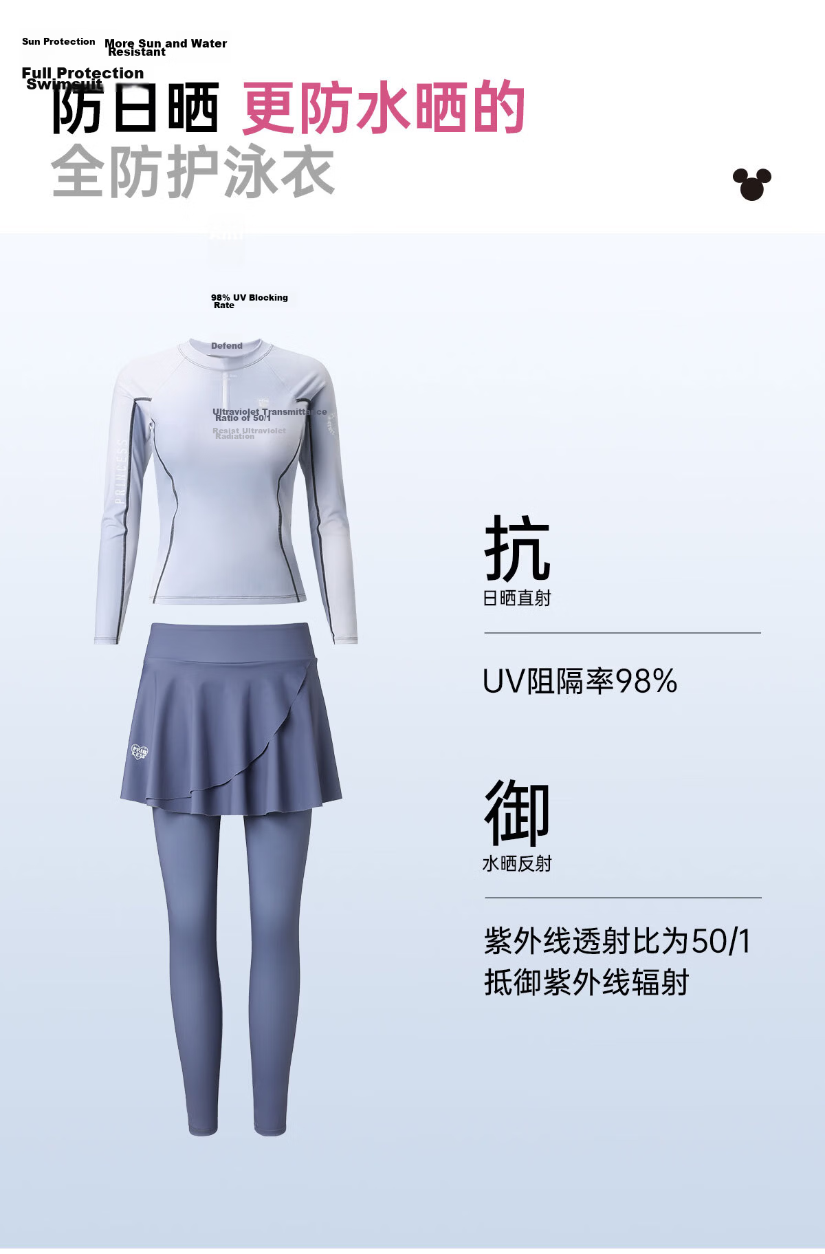 Disney Women's Long Sleeve Long Pants Full Body Sun Protection Surfing Diving Swimsuit Two-Piece D16113S2H Light Blue XL 7