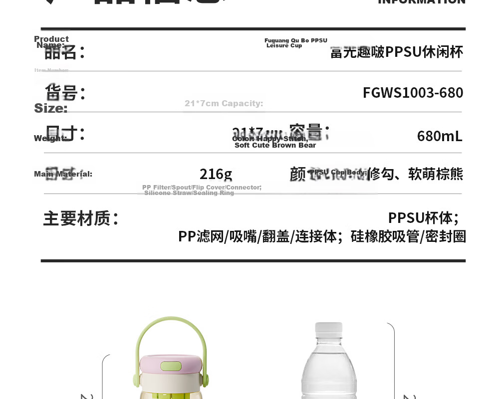 Fuguang PPSU Straw Water Bottle High-Value Student Girls Large Capacity Summer Sports Portable Plastic Cup 32