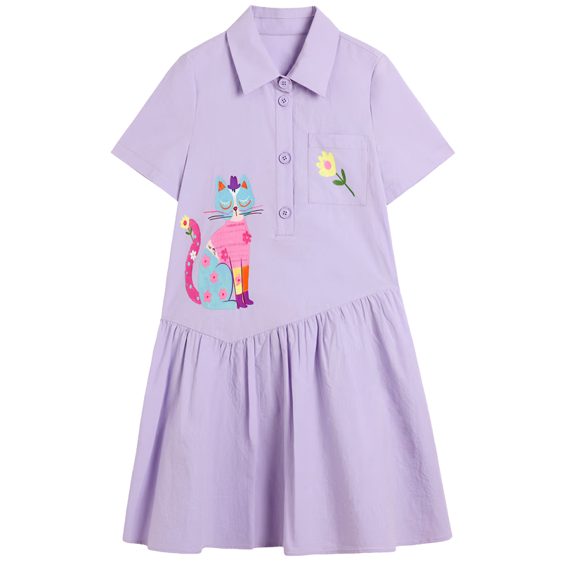 CHANZUIGOU Girls' Taro Purple Pure Cotton Shirt Dress 2026 Summer New Stylish Dopamine Print Dress