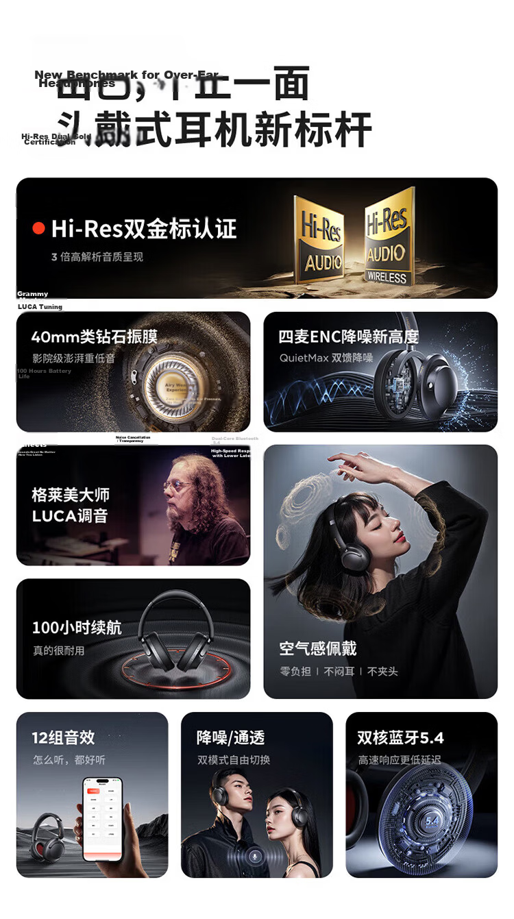 1MORE HQ51 Jay Chou Edition Over-Ear Bluetooth Headphones SonoFlow Pro Dual Gold Standard Sound 100H Long Battery Life Active Noise Cancelling Gaming Music Headphones Black 5
