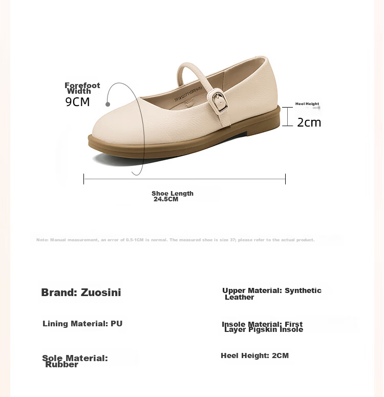 Josiny Mary Jane Shoes for Women, Flat Single Shoes, Spring Season, White with Skirt, Gentle Low-Heel Leather Shoes, Beige, Size 37 5