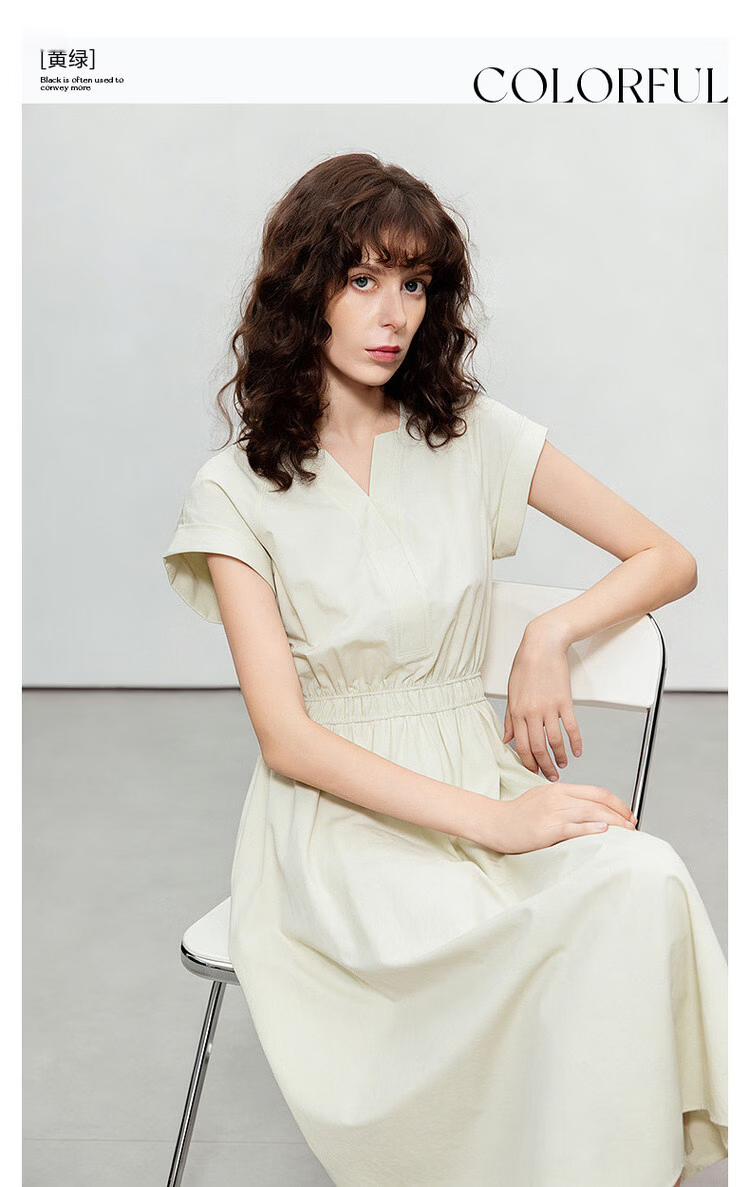 Demana [Lyocell Cotton Blend] Summer Simple Style V-Neck Short Sleeve Waist-Cinched A-Line Slimming Work Dress for Women 3