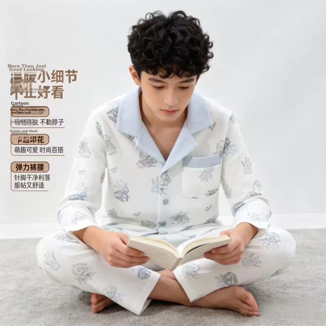 Cotton Children's Pajamas Boys Spring Summer Mesh Homewear Set Breathable Pure Cotton Air Conditioning Clothes for Teens
