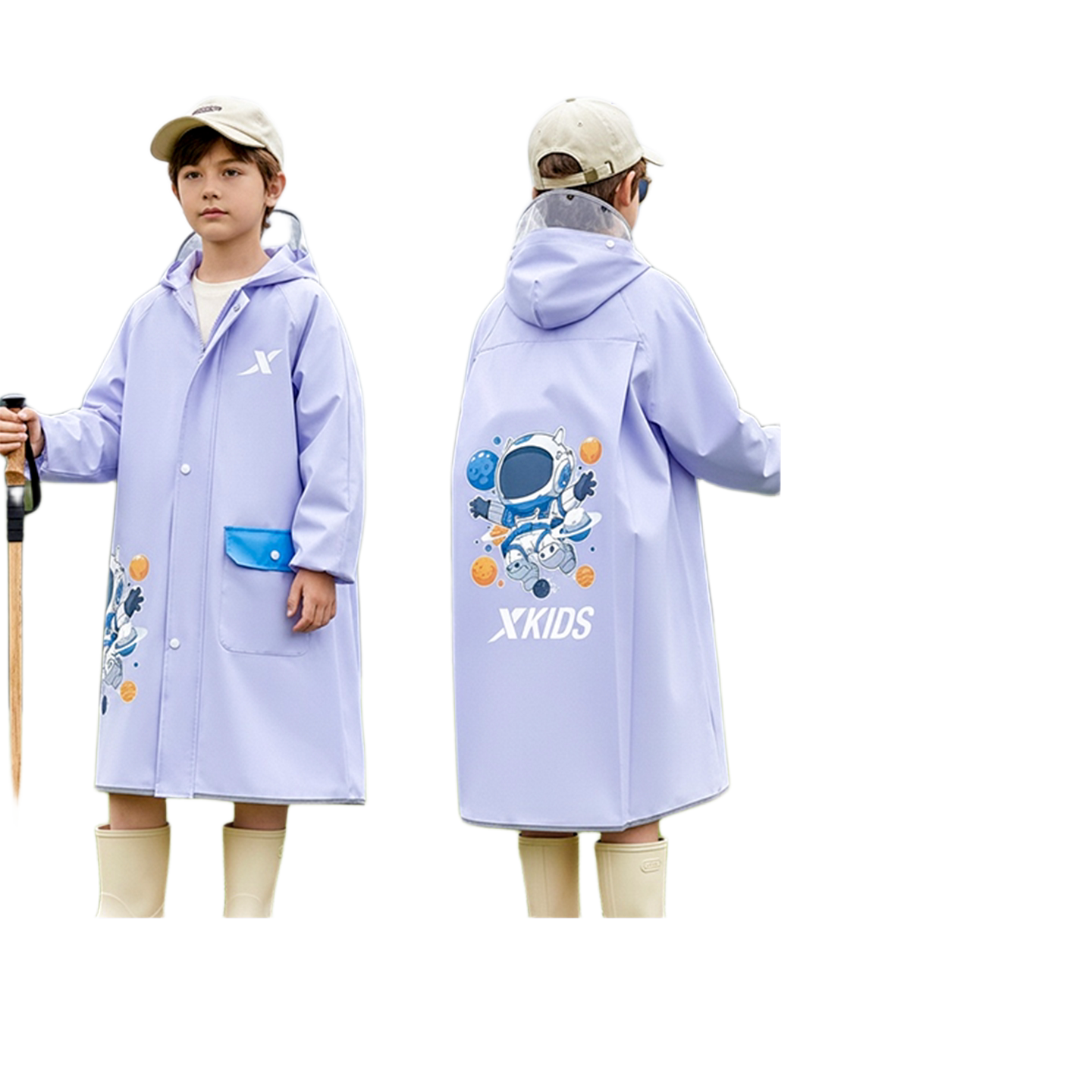 Xtep Kids Raincoat for 6-12 Years Old School Use Full Body Heavy Rain Protection with Backpack Cover 3XL Space Exploration Design