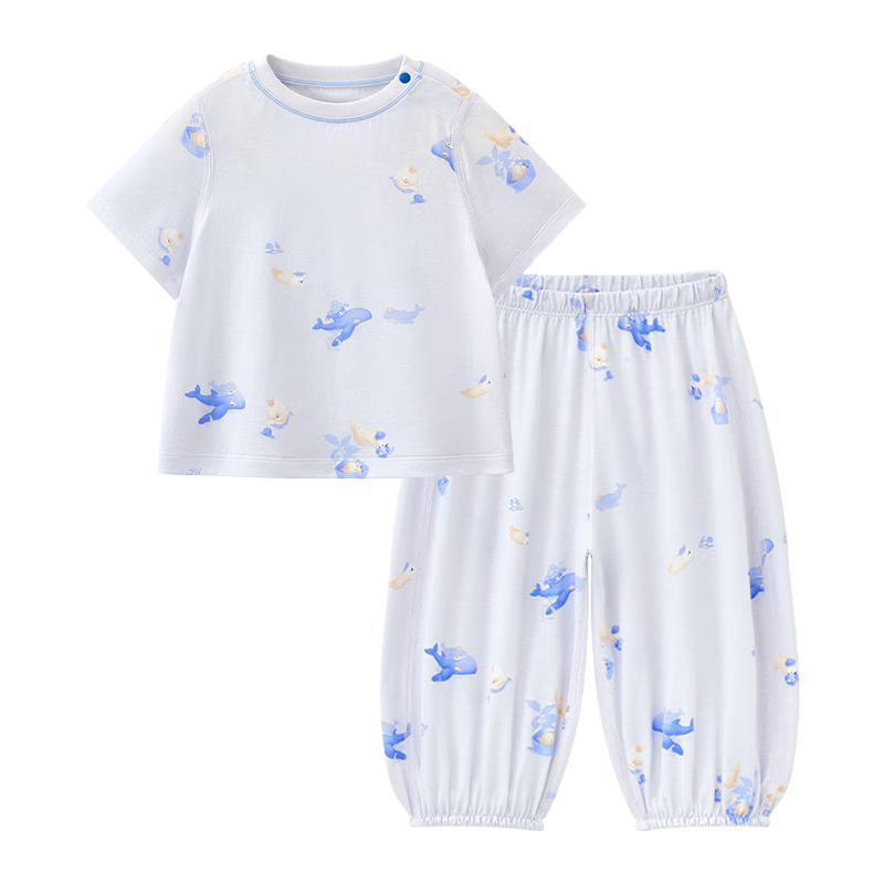 Babycare Soft Short Sleeve Long Pants Homewear Baby Set Children's Pajamas Modal Clothing Qingchuan Blue 100