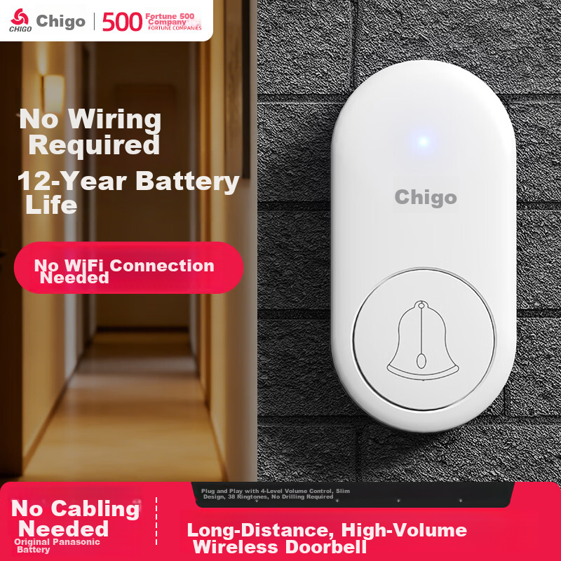 CHIGO Wireless Long-Distance Battery-Free Home Doorbell Emergency Call Button for Elderly One-to-One Electronic Remote Control Doorbell Front Door Ding Dong Chime