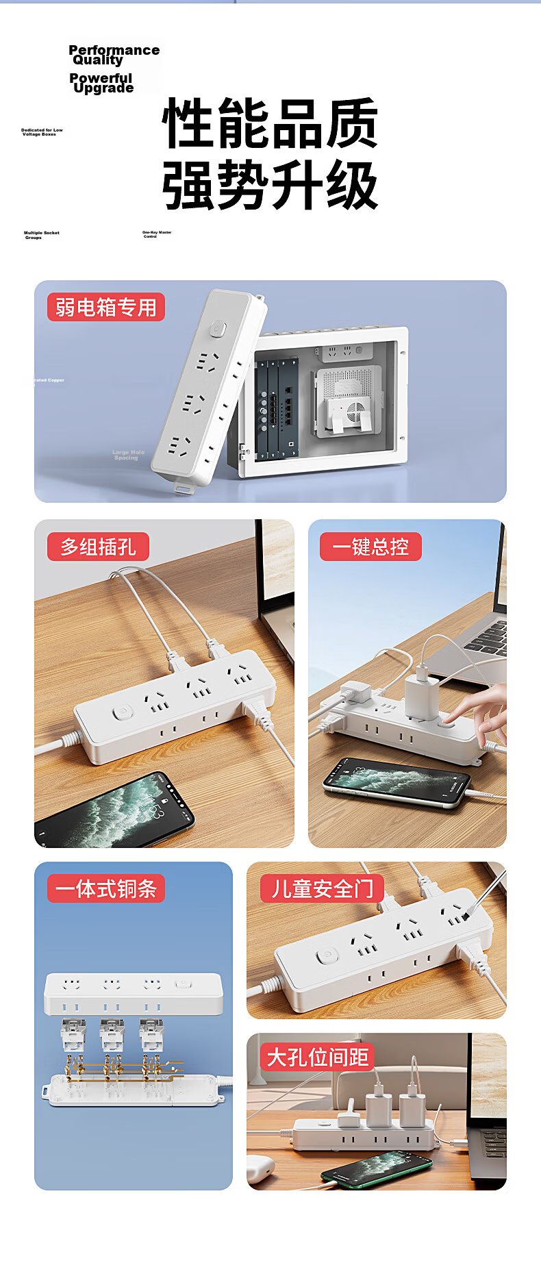 International Electric Wireless Power Strip Large Spacing Multi-Socket Extension Fiber Optic Box Weak Current Cabinet Socket Household Power Strip One to Six Adapter 3