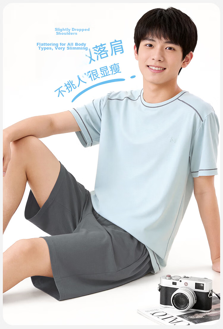Bingxue Kapok Boys' Modal Pajama Set Summer Cool Short Sleeve Solid Color Two-Piece Sleepwear for Kids and Teens 18