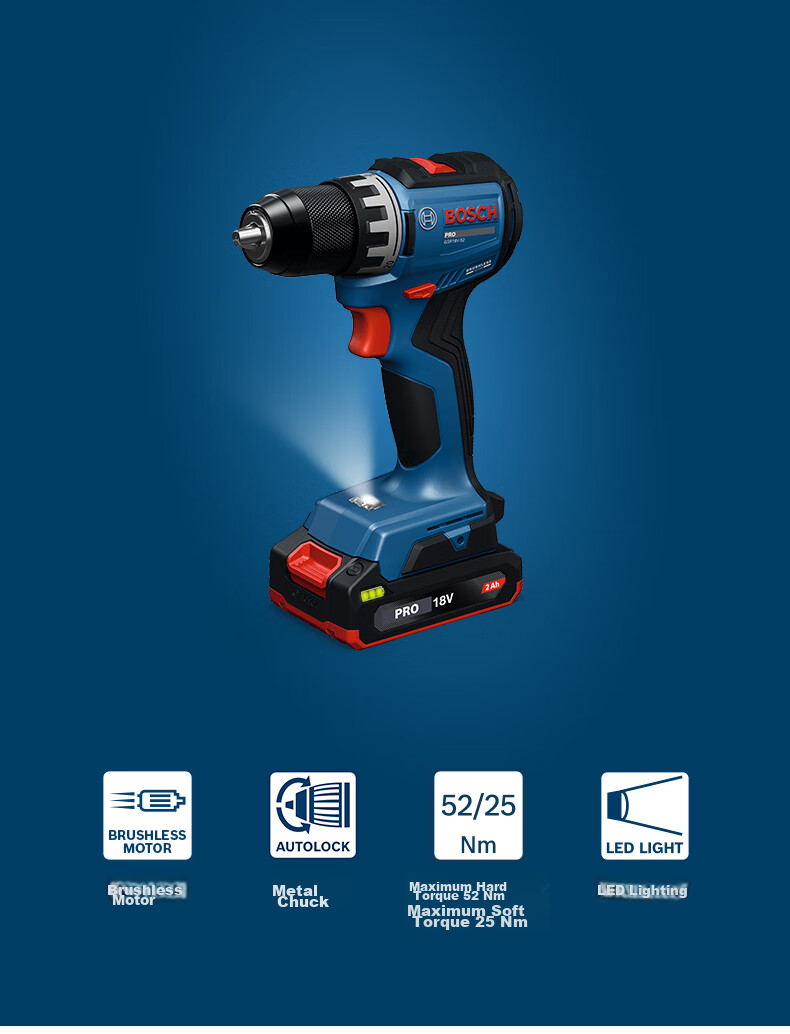 BOSCH Cordless Lithium Battery Screwdriver Drill GSR 18V-52 with Dual 2.0Ah Batteries 2