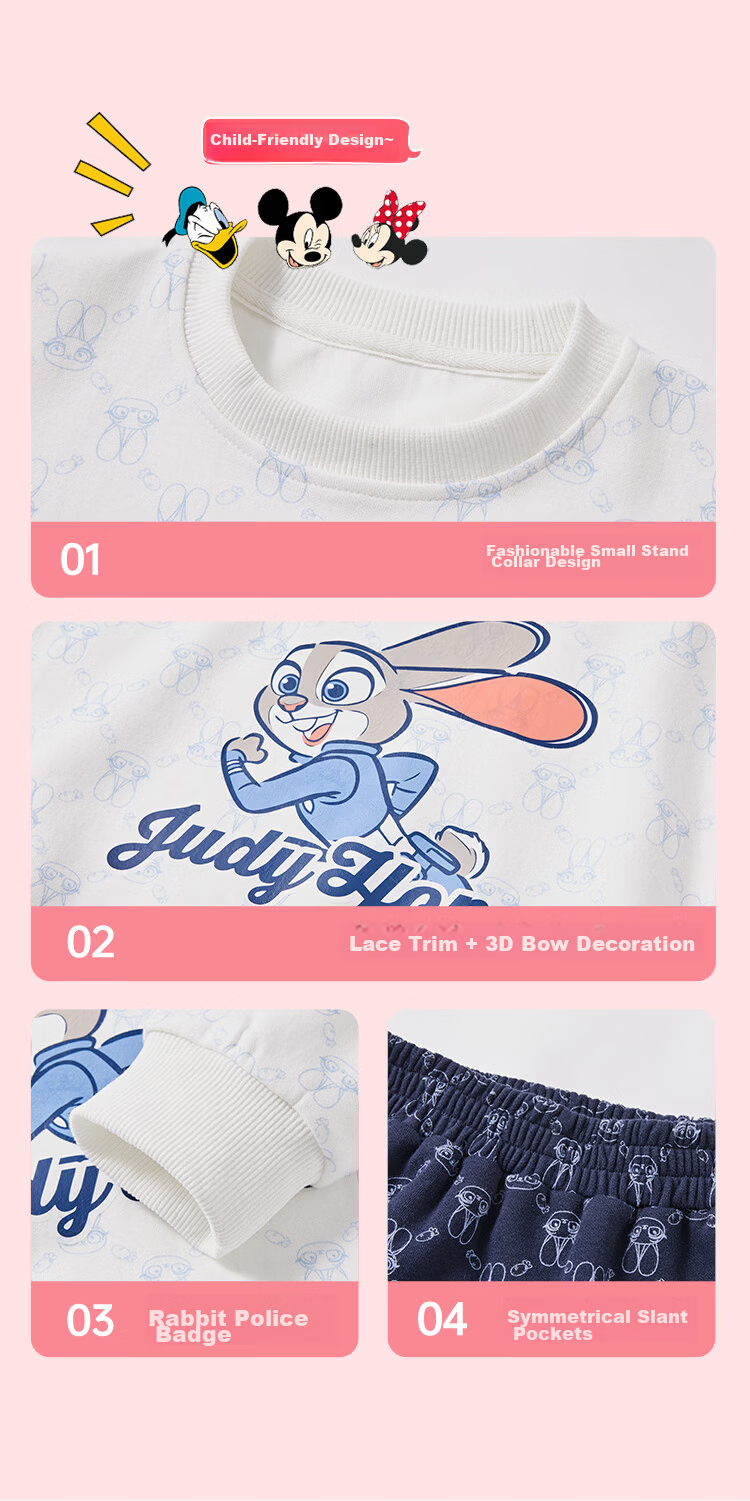Disney Bunny Police Girl Spring Autumn 2026 New Stylish Kids Sweatshirt Skirt Sports Casual Set 3