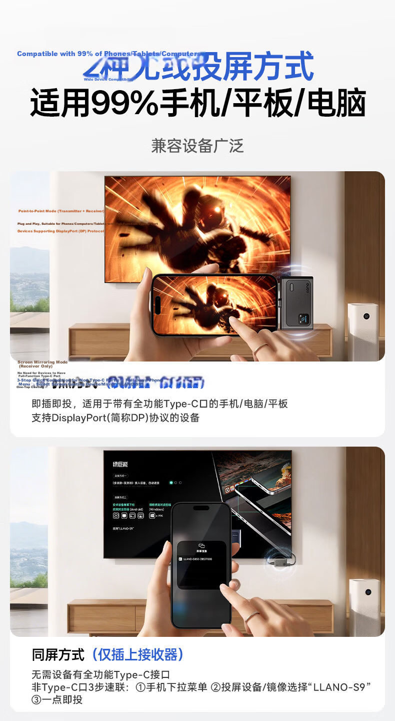 Llano 4K Wireless HDMI Screen Mirroring Device Point-to-Point Wireless Transmitter Enterprise-Level Type-C Screen Sharing for Phone, PC, TV, Projector 100m S9pro 6