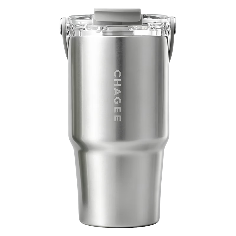 CHAGEE Large Capacity Stainless Steel Insulated Tumbler with Straw Coffee Cold Water Cup Gift Luminous Handle Silver