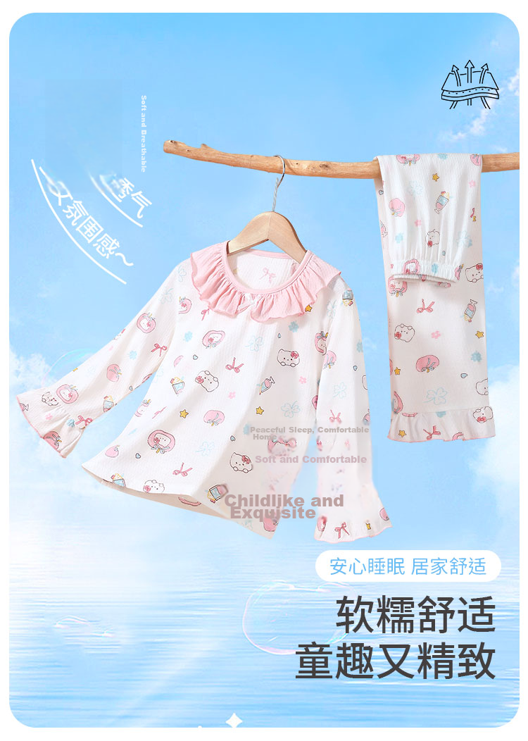 Cotton Girl's Pajamas Spring Summer 100% Cotton Homewear Set for Older Children and Teens Lightweight Breathable Mesh Air-Conditioned Clothing 2