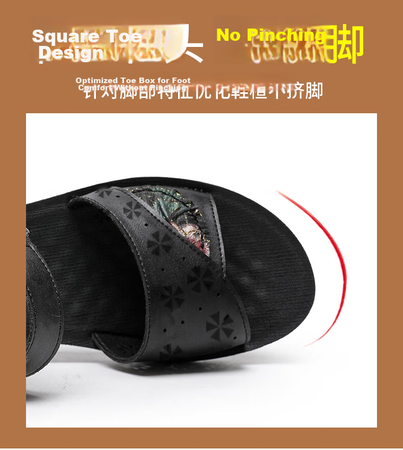 Warrior Mom Sandals Middle-aged Genuine Leather Soft Sole Summer Flat Non-slip Elderly Women Grandma 0720 Black Size 34 5