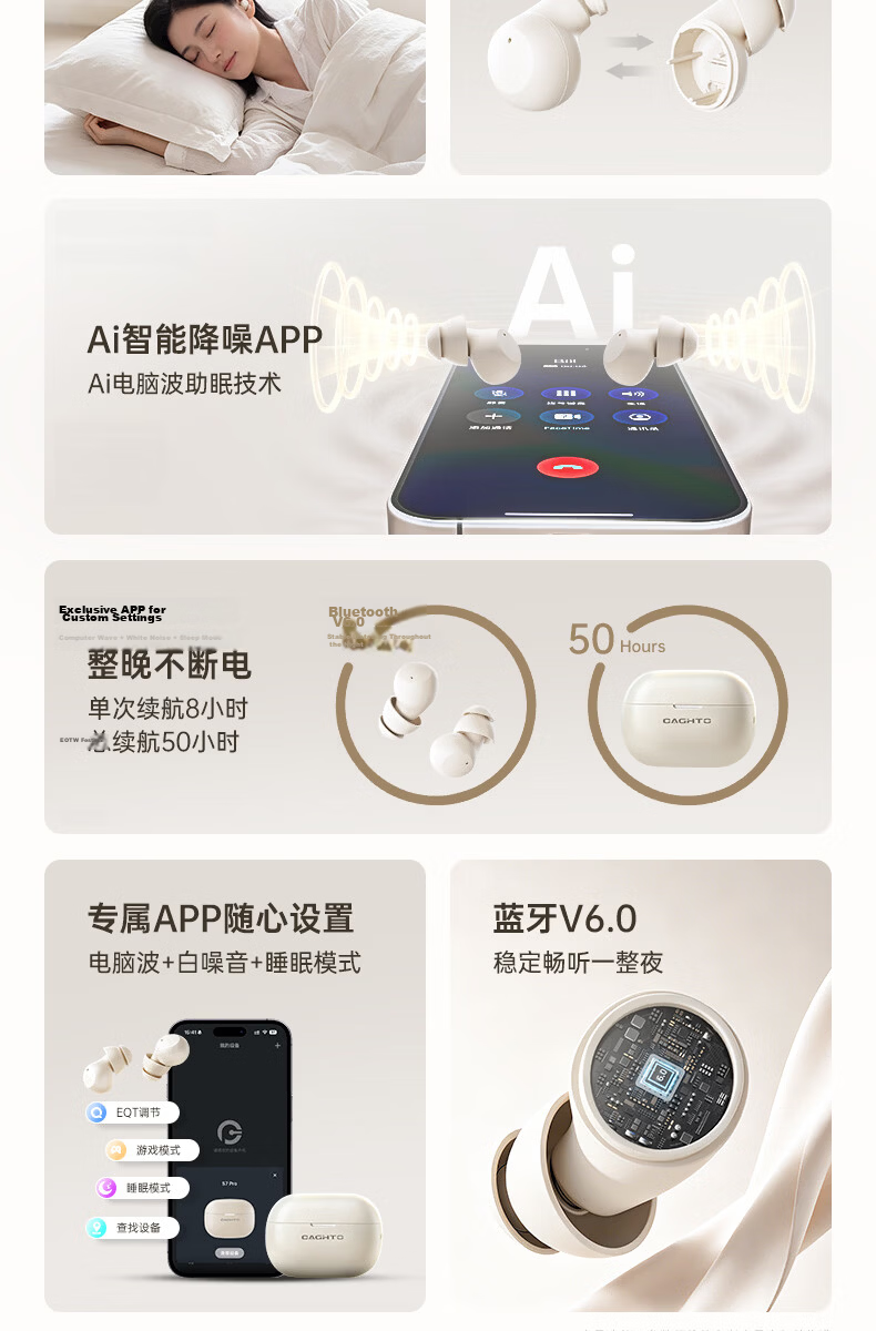 Chengao 2026 New Sleep Bluetooth Earbuds Wireless In-Ear AI Translation High-Quality Sound Sleep Dedicated Noise-Canceling Invisible Side-Sleep Pain-Free Sleep Aid Soundproof Earplugs S7Pro Skin Color 3