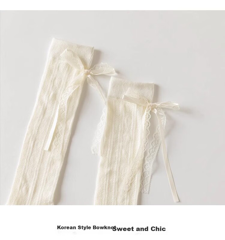 Yuzhaolin 3 Pairs Girls' Long Tube Socks Summer Thin Children's Socks Bowknot Princess Calf Socks Mid-Tube Ruffled Socks for Girls 18