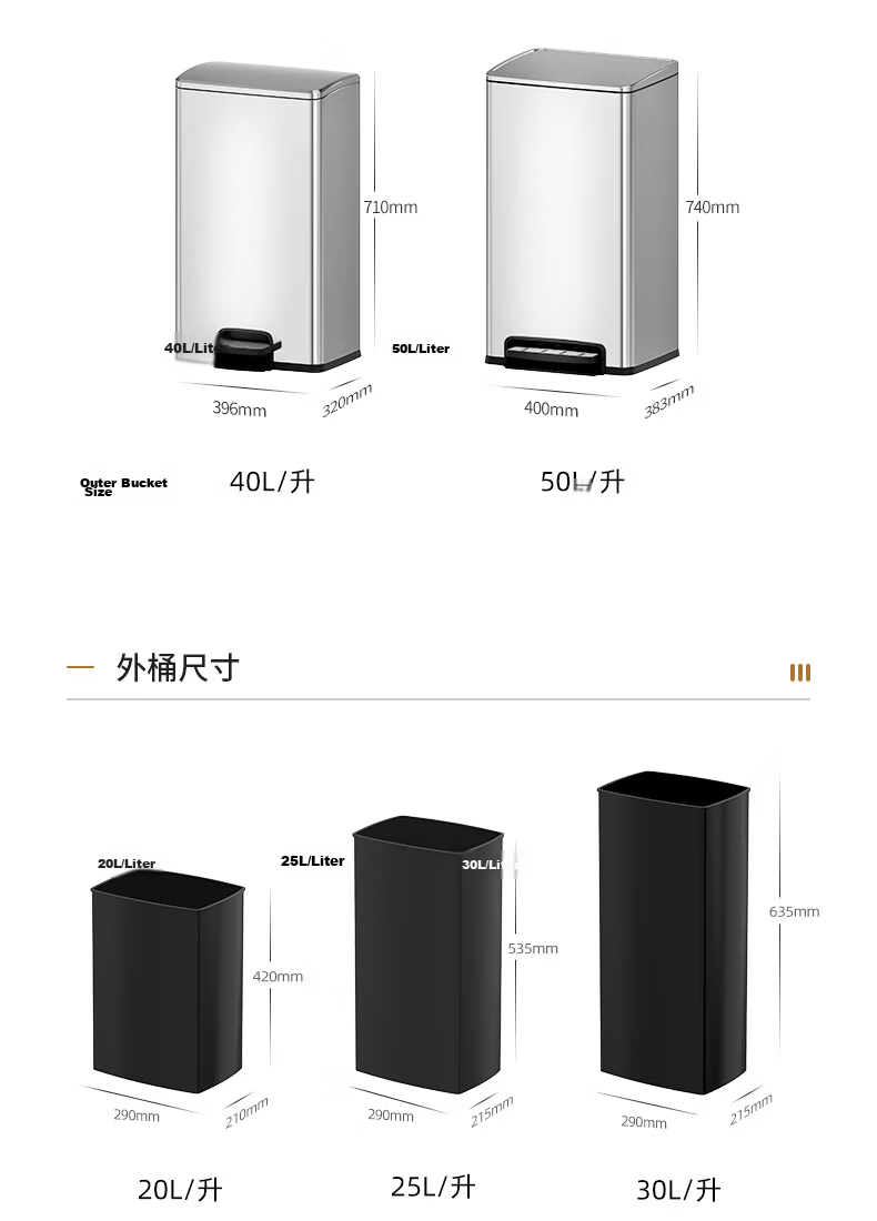 Jinke 25L Stainless Steel Trash Can Large Capacity Commercial Foot Pedal with Lid Square Sand Silver Steel for Mall Hotel Lobby Office Kitchen Living Room 14