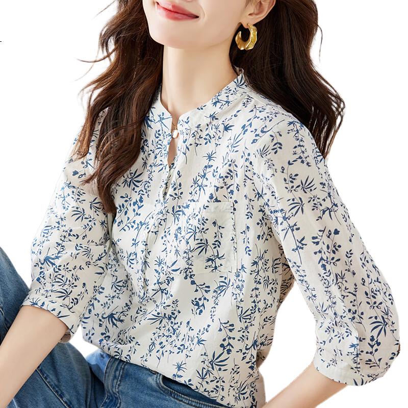 AOTUN Blue and White Porcelain Small Floral Print Women's Spring 3/4 Sleeve Cotton Shirt 35026 Blue and White Porcelain 2XL