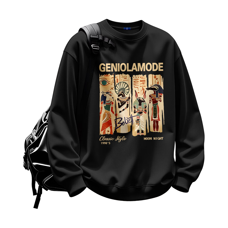 GENIOLAMODE Men's Sweatshirt, Autumn And Winter Fashion Casual Hoodless Round Neck Printed Trendy Versatile Men's Clothing, Black, 2XL