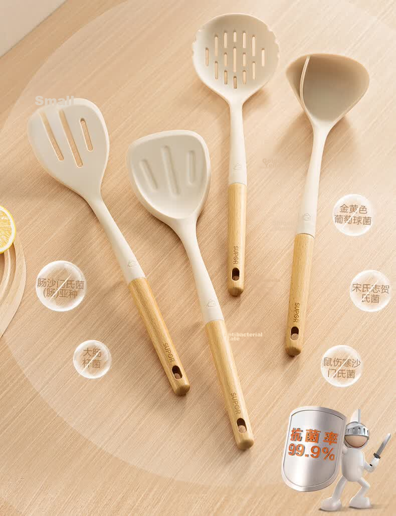 SUPOR Flexible Wood Handle Silicone Soup Strainer Spoon Non-Stick Pot High Temperature Resistant Silicone Soup Strainer White KT03AR10 5