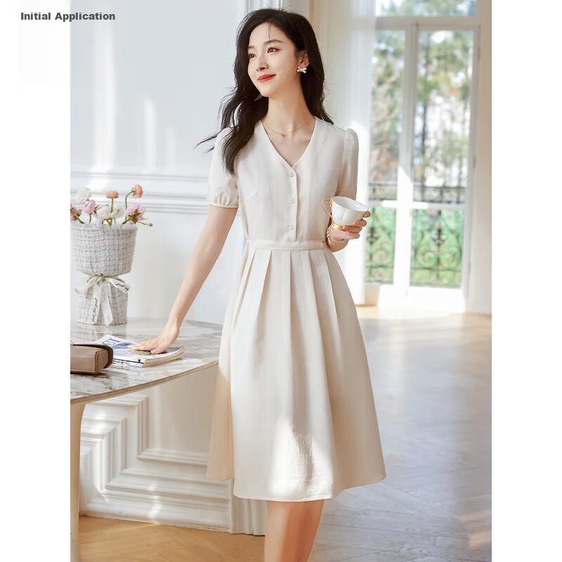 Chushen Summer Short-Sleeve Dress for Women, Fashionable Design V-Neck Waist-Cinching Slimming French-Style Dress S141Q1214