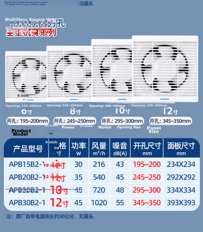 GENUIN GENUIN Louvered Ventilation Fan Household Exhaust Fan Low Noise All-Plastic Powerful Smoke Extractor with Mesh Cover 10 Inch APB25B2-1 5