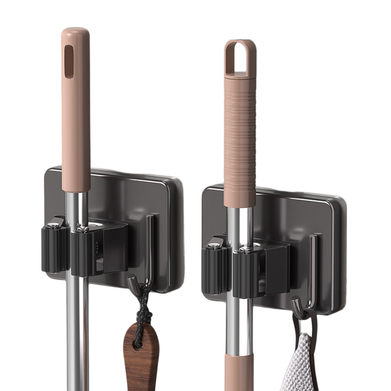 CHUSHE Stainless Steel Mop Hook, No Drilling Required, Broom Holder, Bathroom Storage Rack, Square Base with Hooks, 2-Pack