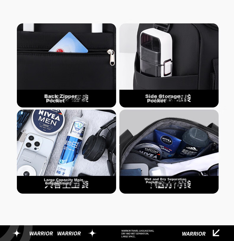 Warrior Men's Travel Bag Large Capacity Gym Bag with Wet and Dry Separation Handheld Bag for Business, School, Swimming, Sports, and Luggage 9