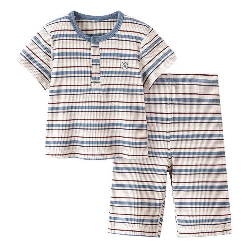 Babylove Baby Homewear Set Summer Thin Breathable Modal Air Conditioning Short Sleeve Nine-Point Pants Striped Summer Outfit