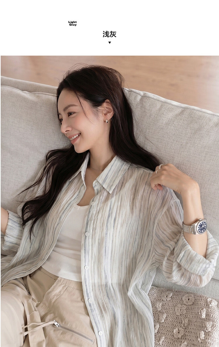 Dme [Lightweight Lyocell] Autumn Lightweight Commuter Striped Textured Lapel Long-Sleeve Loose Draping Women's Shirt for Layering 10