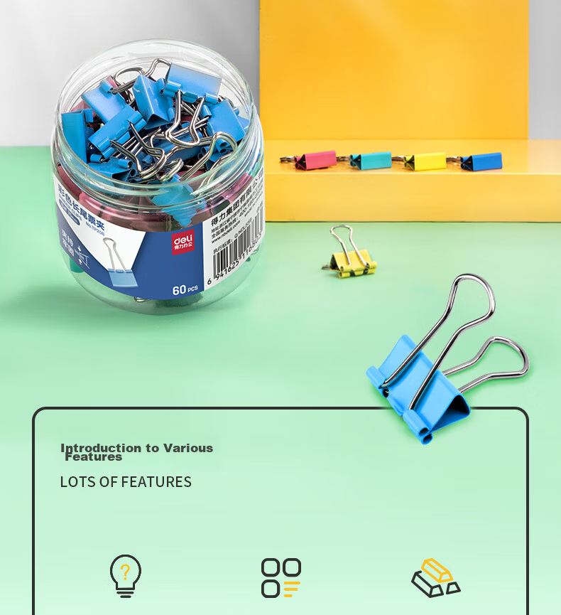 Deli 60pcs 15mm Colored Small Metal Binder Clips No.6 Paper Clips TP206 2