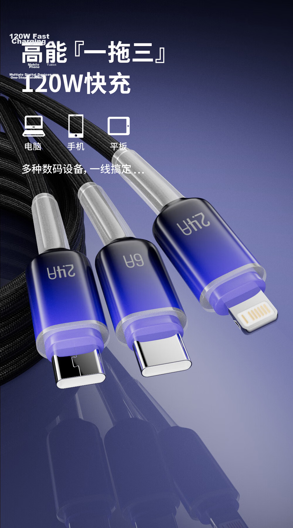 Beimo 3-in-1 Fast Charging Data Cable 120W Type-C Charger Cable Compatible with iPhone 17 Pro Max/16 Huawei/Xiaomi Car Charger 2m 4