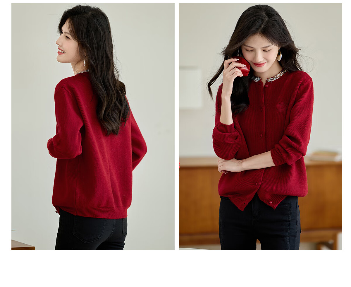 Taxiang Knitted Cardigan for Women, New Year Outfit, Red Sweater Coat with Sequins And Embroidery, Women's Cardigan Top T143Z3012 23