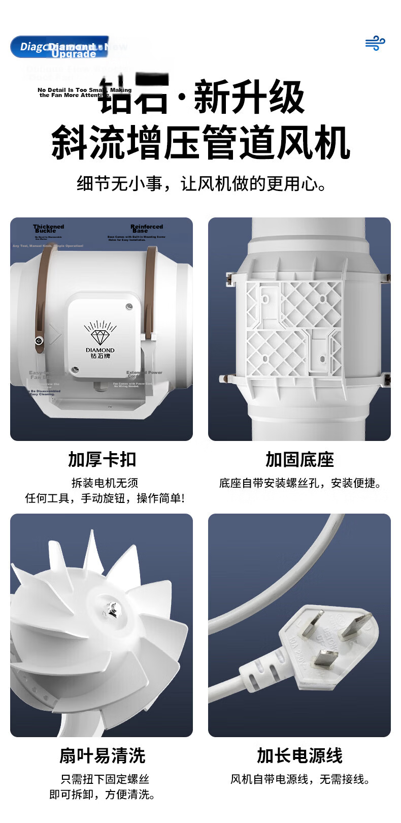 Diamond Brand Duct Fan Axial Flow Exhaust Fan Industrial Ventilation Fan Kitchen Bathroom Commercial High Suction Smoke Exhaust Fan 4 Inch Stepless Speed Control 98mm Opening 15