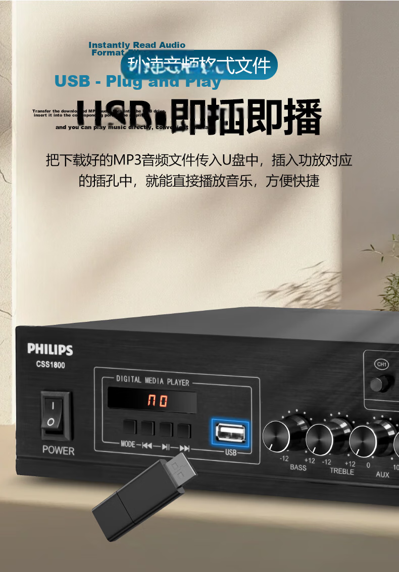 PHILIPS 5-Inch Ceiling Mounted Constant Voltage Speaker, Embedded Background Music Sound System for Mall, Campus, Store, Public Broadcasting, Four-Zone Amplifier + 2 x 5-Inch Speakers 20