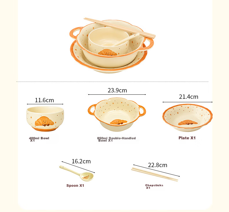 Baijie Cute Tableware Set Ceramic Bowls Chopsticks Soup Bowl Plates 5-Piece Home Dining Set for One 13