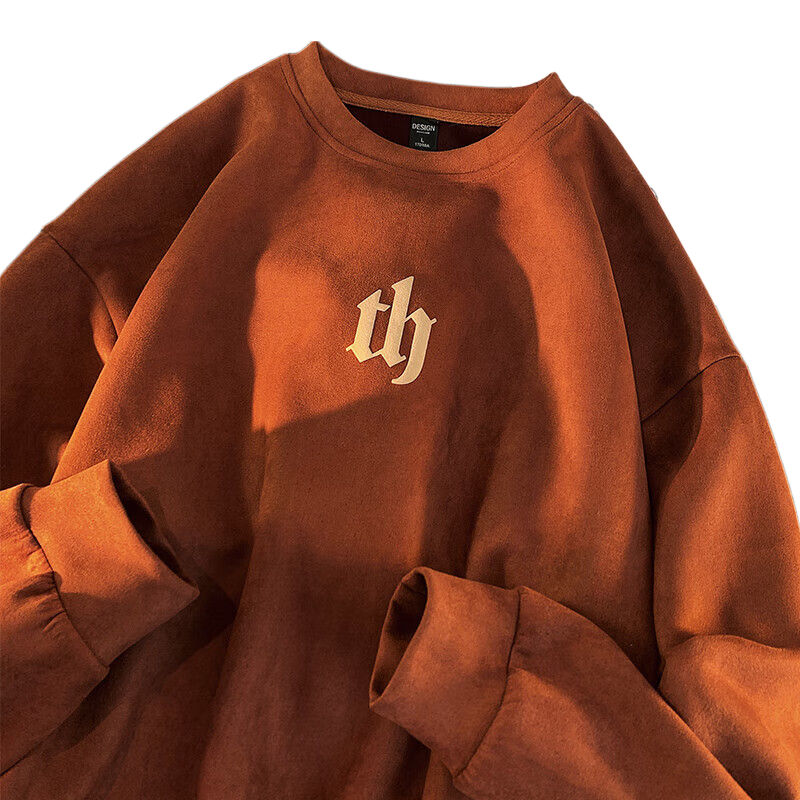 Dingfengbaoluo Men's Sweatshirt, Spring Round Neck Suede Long-Sleeve Top, Loose American Trendy Brand DFL05, Brown-Red, 3XL