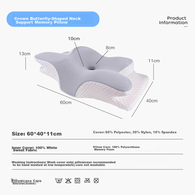 CROWN Butterfly-Shaped Memory Foam Neck Support Pillow with Pillowcase for Deep Sleep, Single Dormitory Student Use, Pair of 2 5