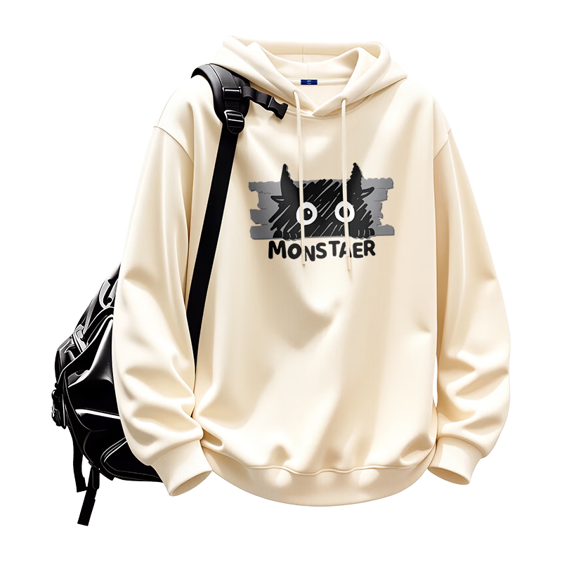 GENIOLAMODE Men's Hoodie, Casual Versatile Hong Kong Style Fashion Printed Loose Sweatshirt for Autumn And Youth, Light Beige, 2XL