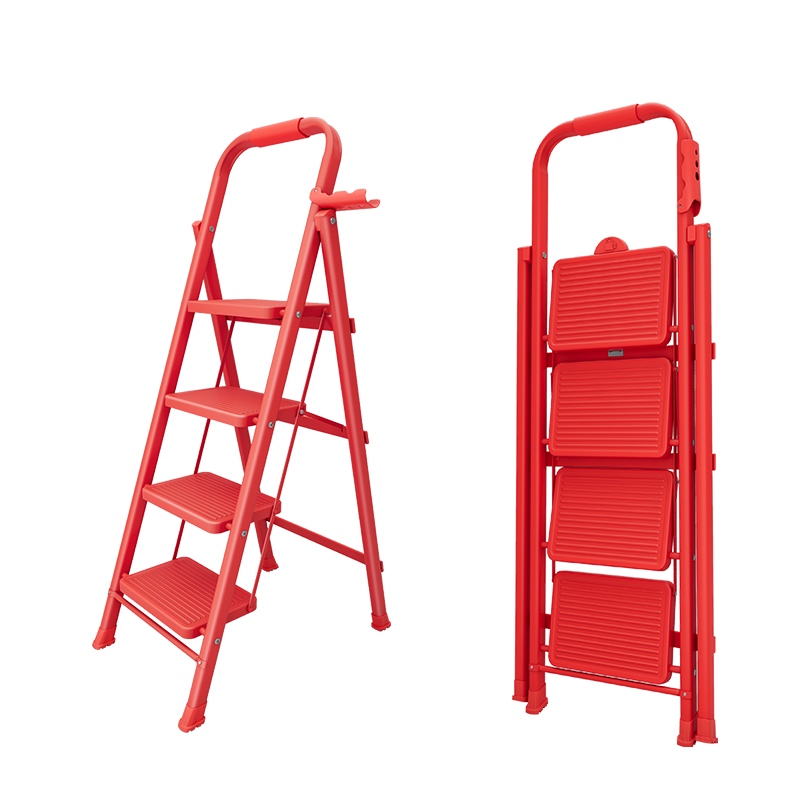 Aopeng Household Folding Ladder Four-Step Safety Ladder with Lock and Handrail Red Ladder Gift for Housewarming