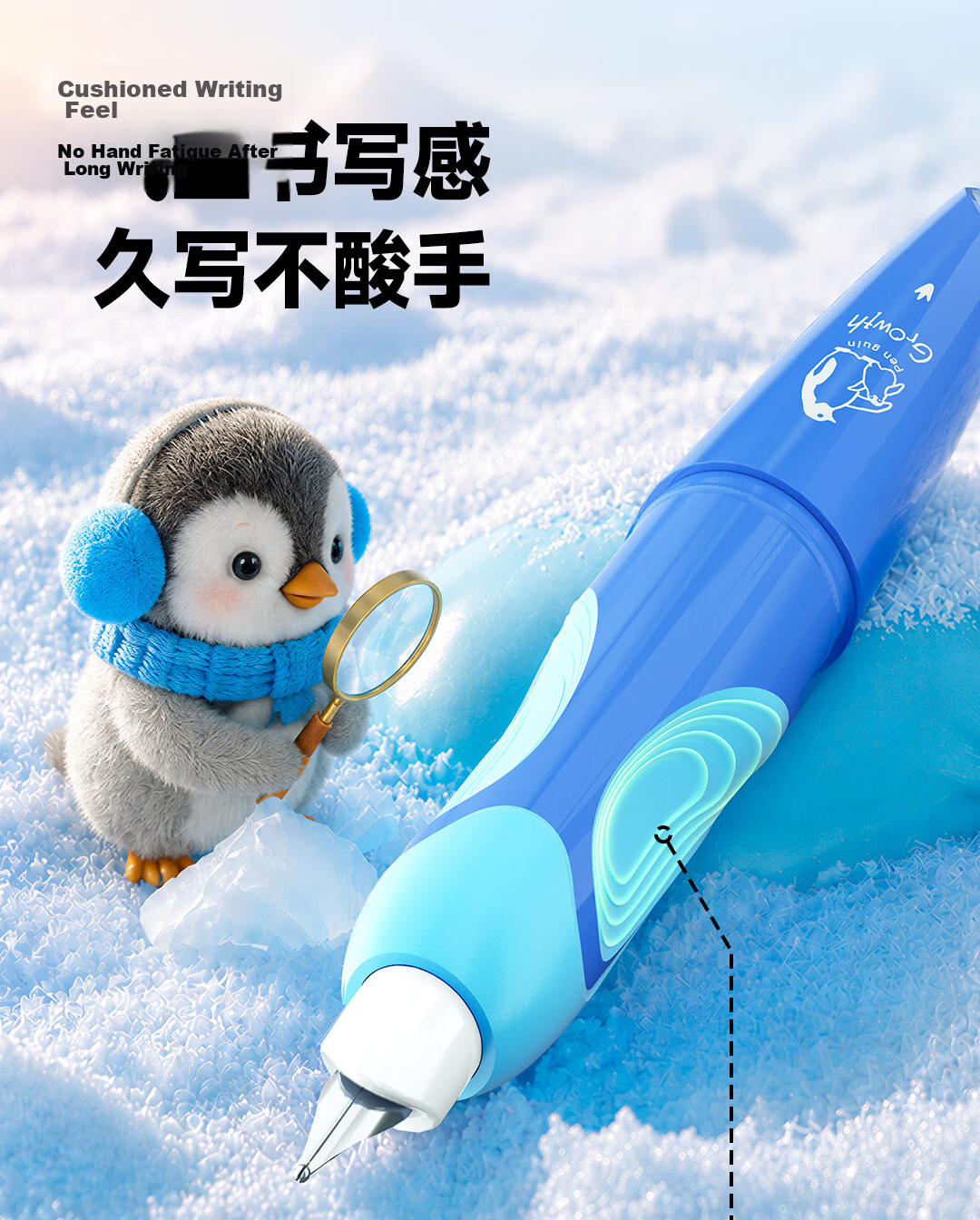 Dianshi Deep Sea Capsule Little Penguin Posture Correction Fountain Pen for Primary School Children with Replaceable Ink Cartridge, Calligraphy Practice Pen EF Fine Nib 789 Pink Long Barrel, Magic Era 15