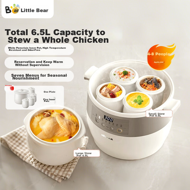 Bear Electric Ceramic Slow Cooker Large Capacity 3-5 People Stew Pot Soup Cooker White Porcelain Electric Stew Pot
