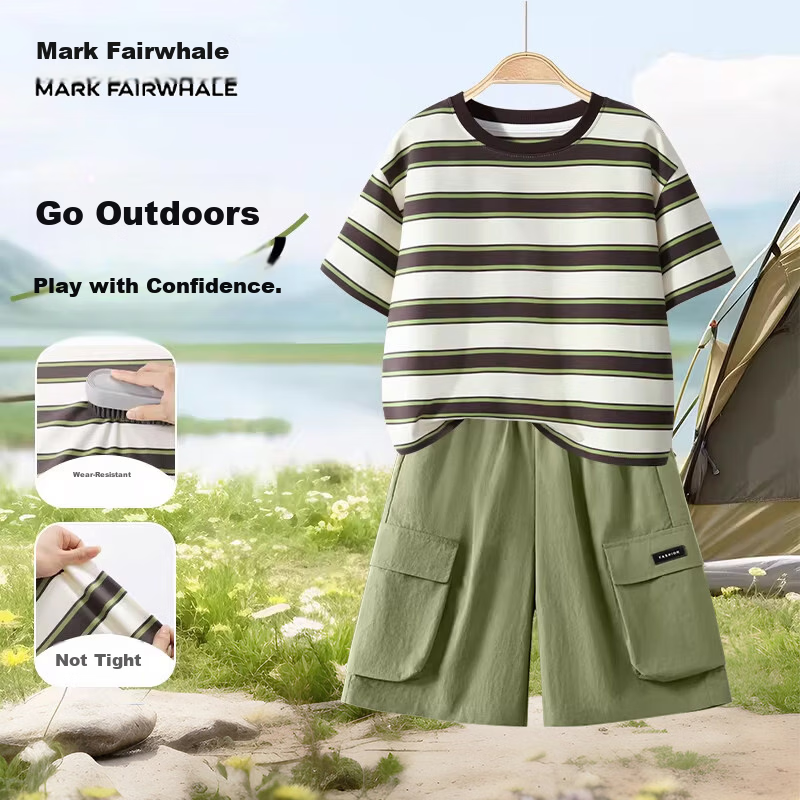 Mark Fairwhale Kids Summer Set Boys Short Sleeve T-Shirt Quick-Dry Shorts Summer Outfit Beige Coffee + Army Green 110