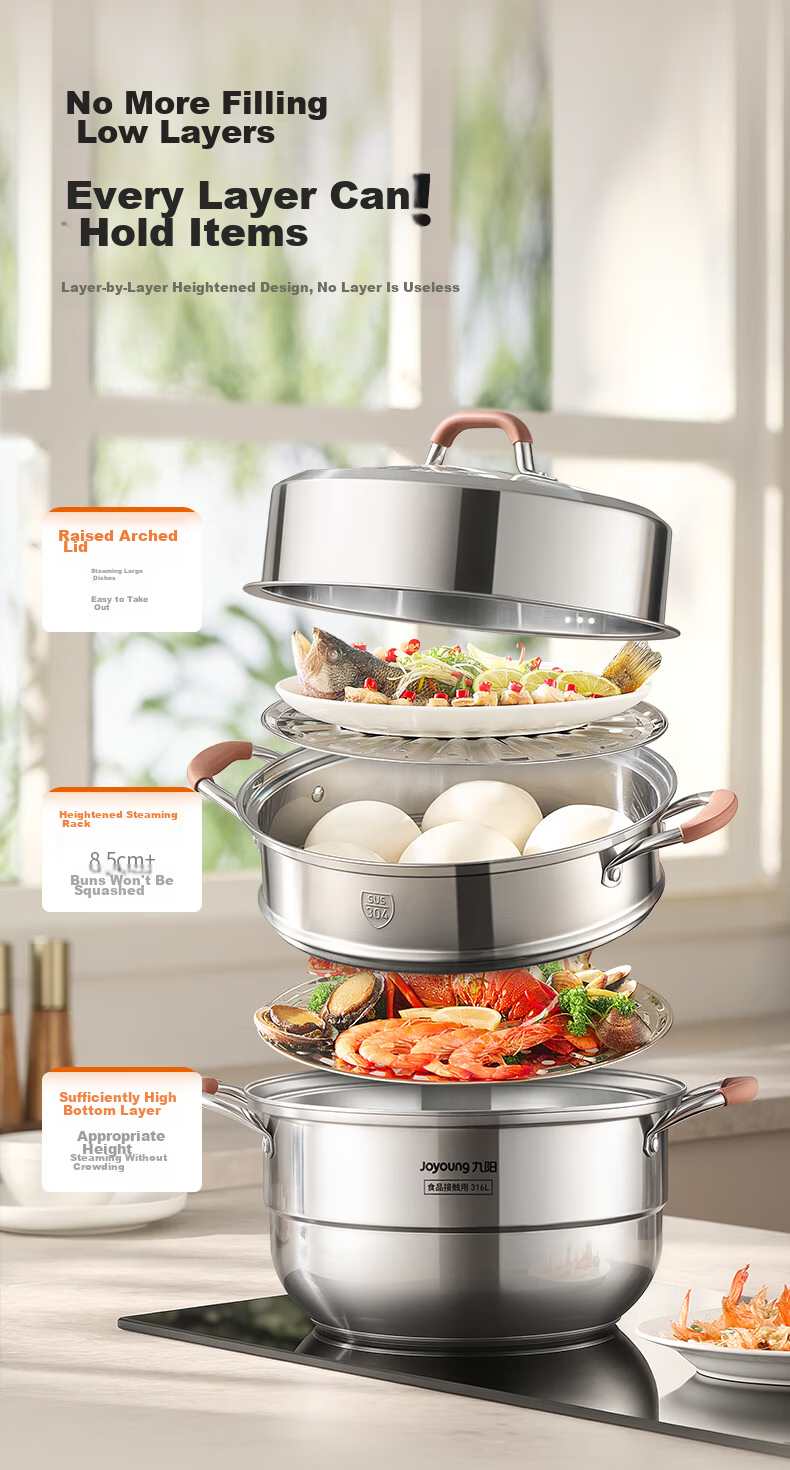 Joyoung 316L Stainless Steel Steamer Pot, Small Size for 2-3 People, Non-Coated Multifunctional Soup Steamer with High Dome Lid, Three Layers, 30cm 11