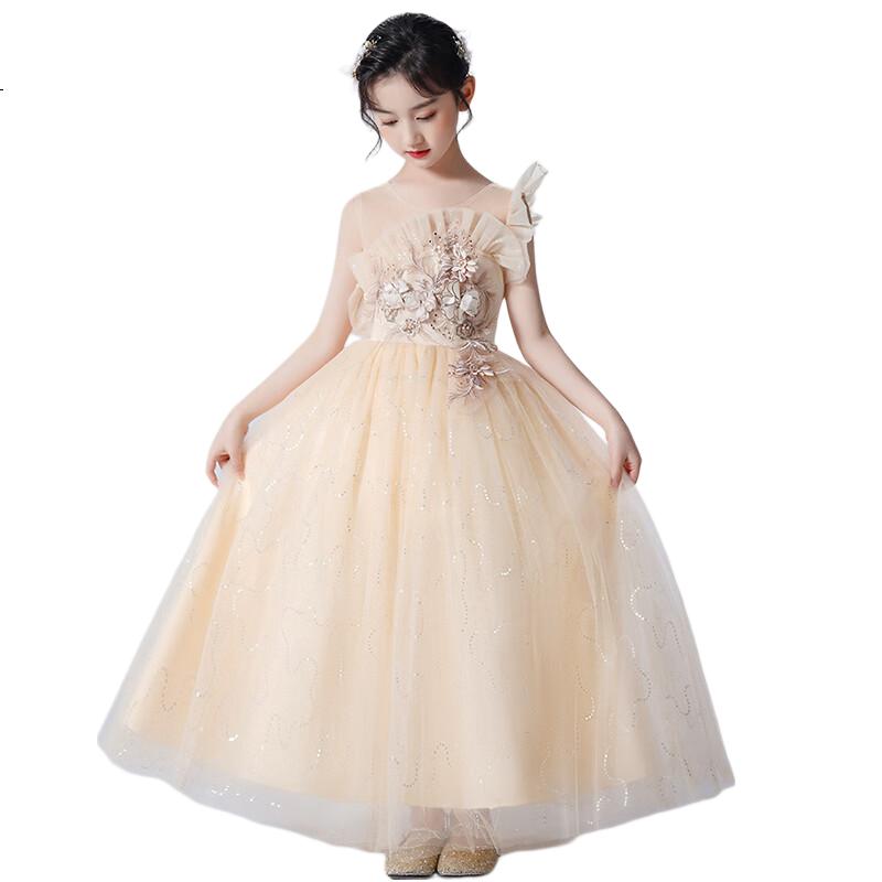 LUOBOBEIBEI Girls' Dress Princess Flower Girl Wedding Dress Piano New Year Dress Yellow Dress Size 140
