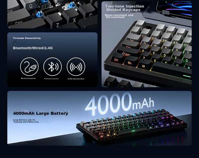 EWEADN DK87 Mechanical Keyboard Wireless Bluetooth Tri-Mode Wired Desktop Laptop Gaming Office Hot-Swappable Gradient Side-Printed Dust-Resistant 3